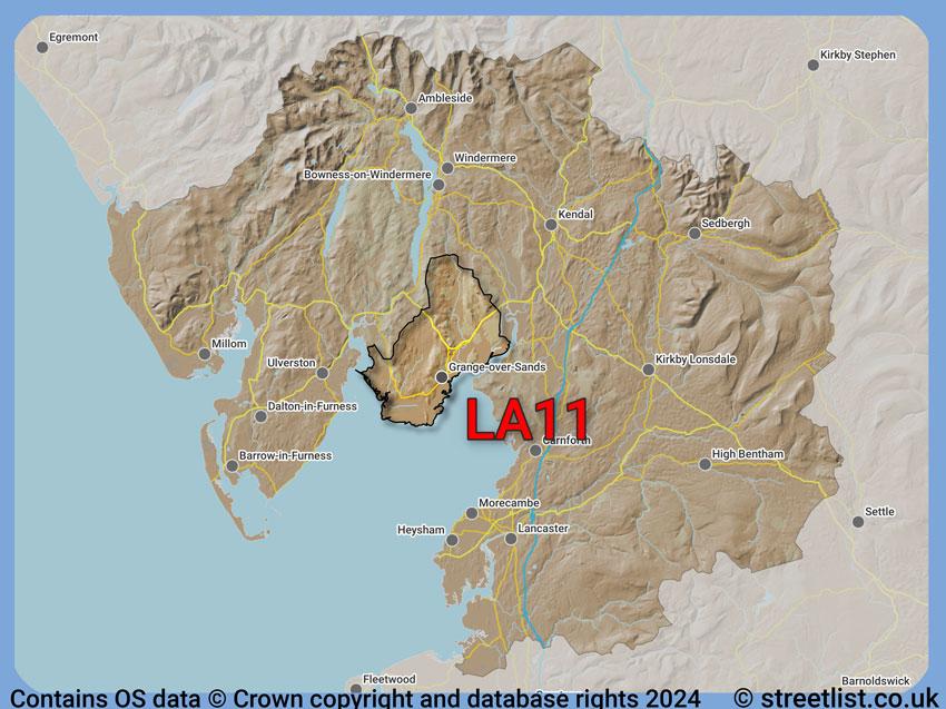 Where the LA11 postcode district lies within the wider  postcode area