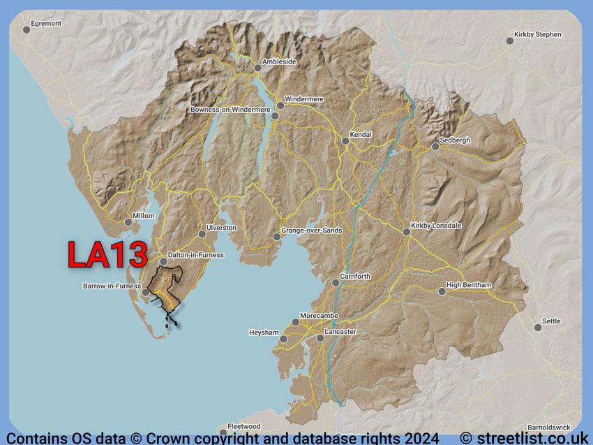 Where the LA13 postcode district lies within the wider  postcode area