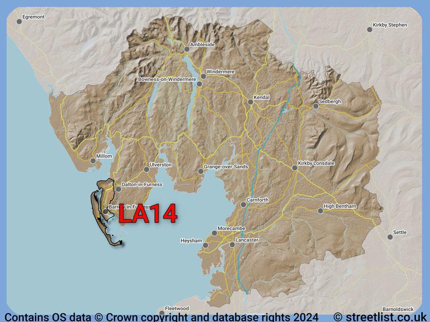 Where the LA14 postcode district lies within the wider  postcode area