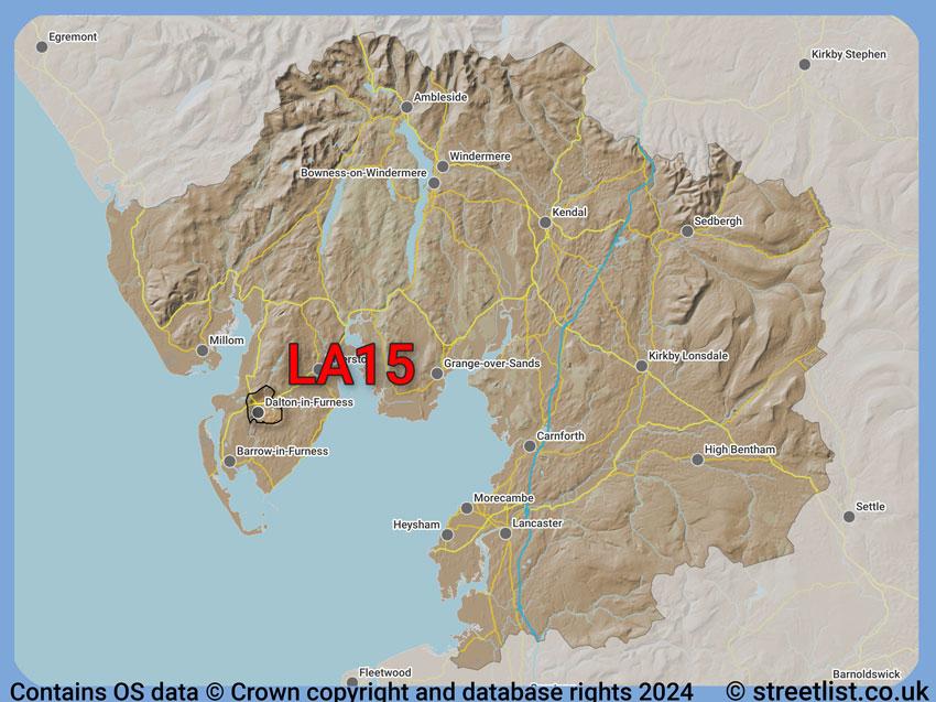 Where the LA15 postcode district lies within the wider  postcode area