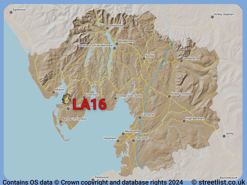 Where the LA16 postcode district lies within the wider  postcode area