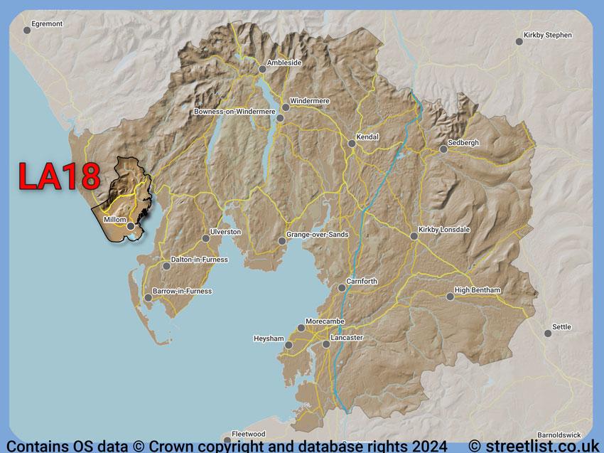 Where the LA18 postcode district lies within the wider  postcode area