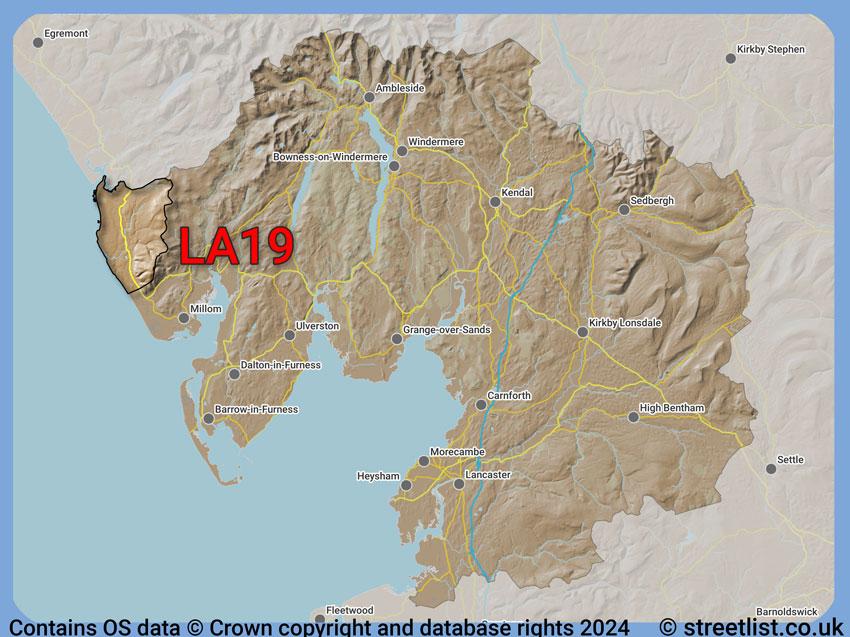 Where the LA19 postcode district lies within the wider  postcode area