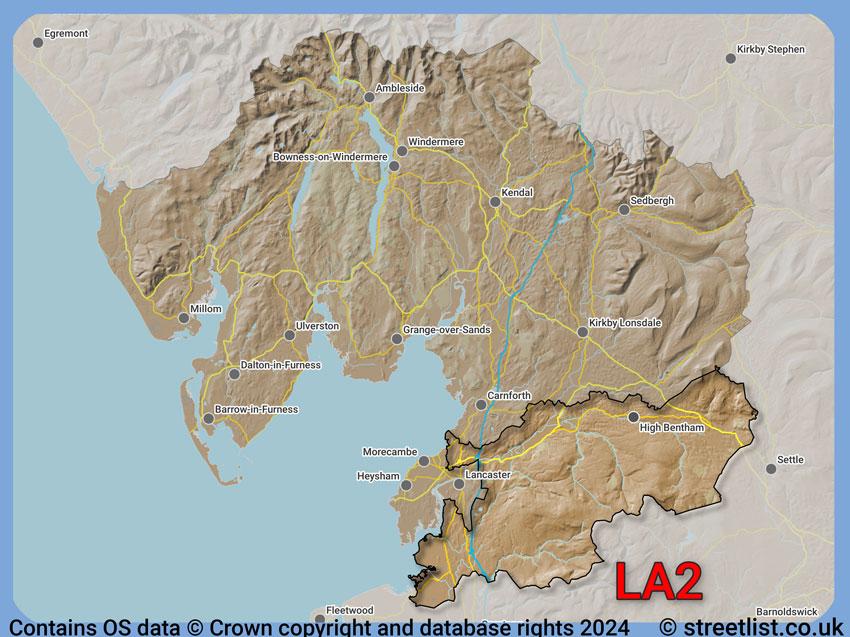 Where the LA2 postcode district lies within the wider  postcode area