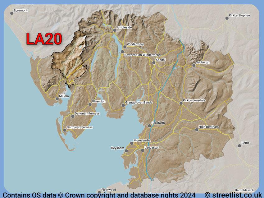 Where the LA20 postcode district lies within the wider  postcode area