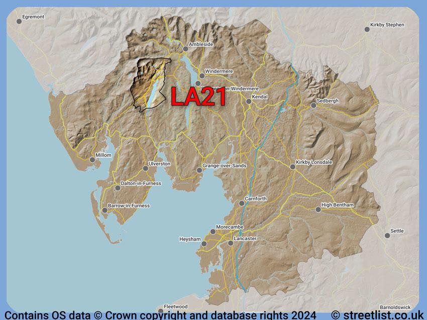 Where the LA21 postcode district lies within the wider  postcode area