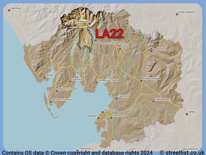 Where the LA22 postcode district lies within the wider  postcode area