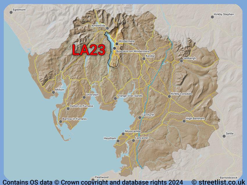 Where the LA23 postcode district lies within the wider  postcode area