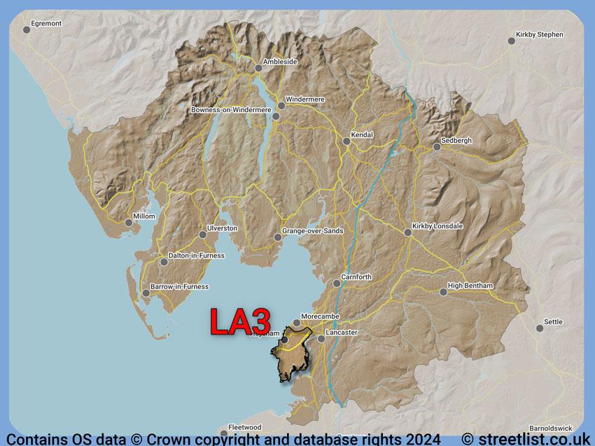 Where the LA3 postcode district lies within the wider  postcode area