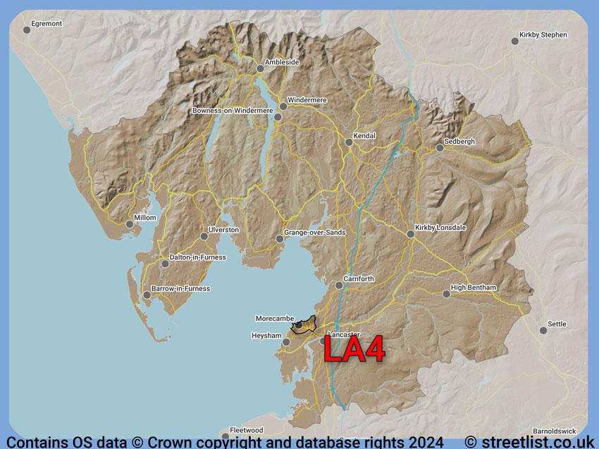 Where the LA4 postcode district lies within the wider  postcode area