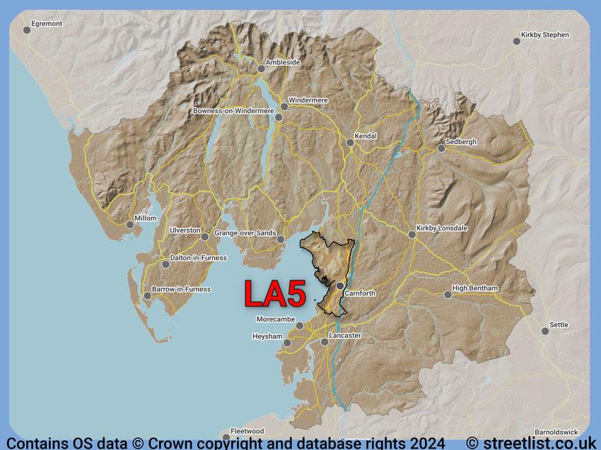 Where the LA5 postcode district lies within the wider  postcode area