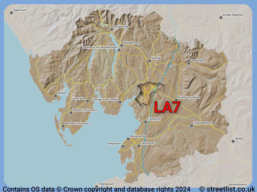 Where the LA7 postcode district lies within the wider  postcode area