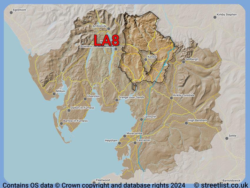 Where the LA8 postcode district lies within the wider  postcode area