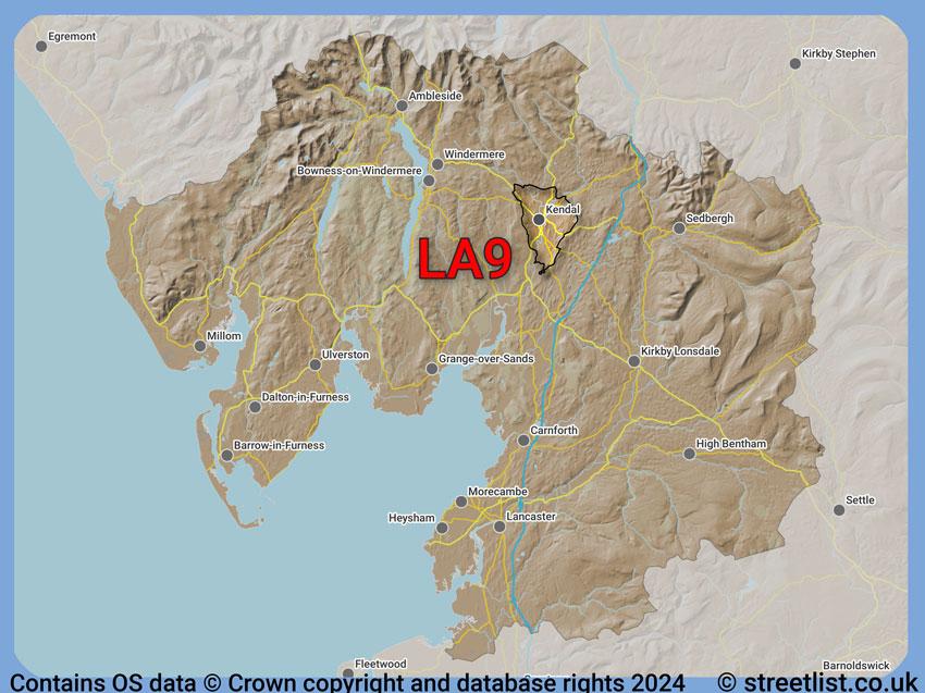 Where the LA9 postcode district lies within the wider  postcode area