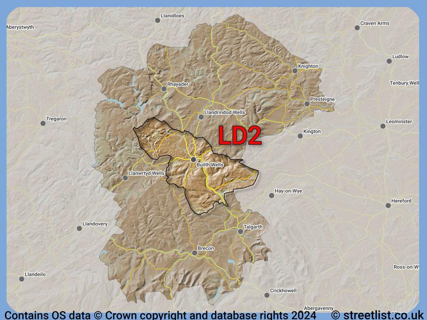 Where the LD2 postcode district lies within the wider  postcode area