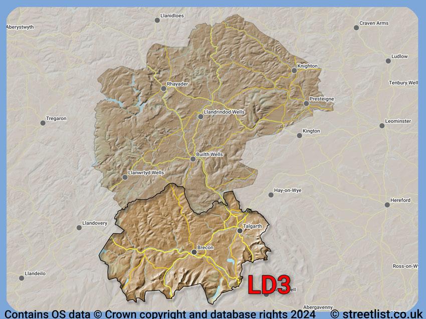 Where the LD3 postcode district lies within the wider  postcode area