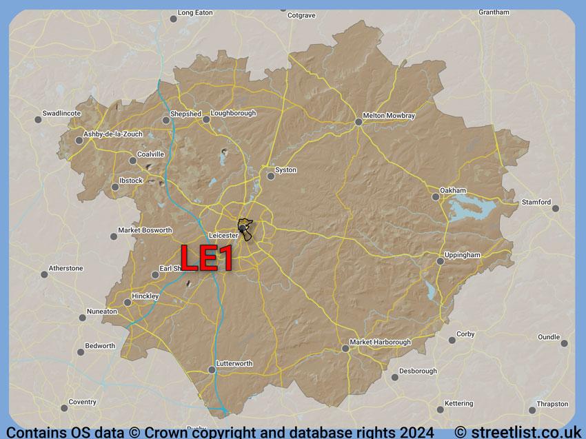 Where the LE1 postcode district lies within the wider  postcode area