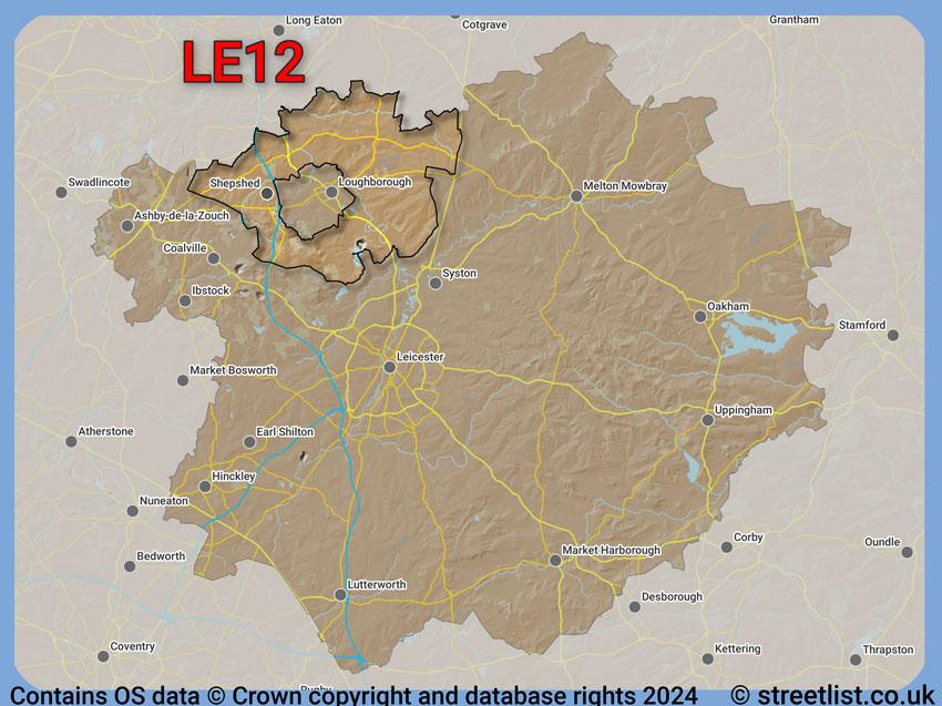 Where the LE12 postcode district lies within the wider  postcode area