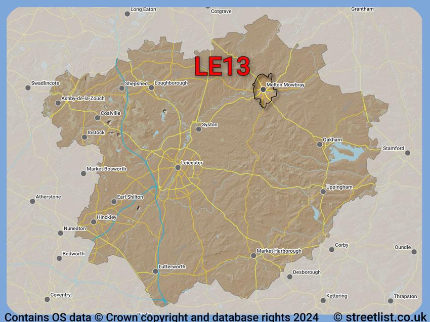 Where the LE13 postcode district lies within the wider  postcode area