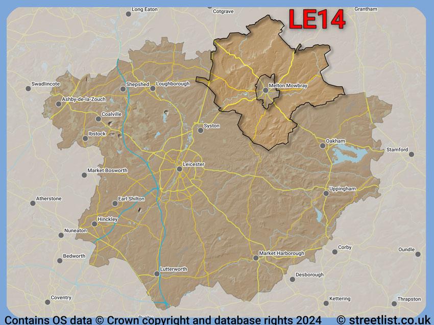 Where the LE14 postcode district lies within the wider  postcode area