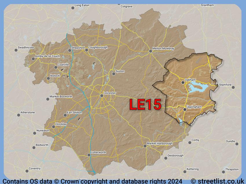 Where the LE15 postcode district lies within the wider  postcode area