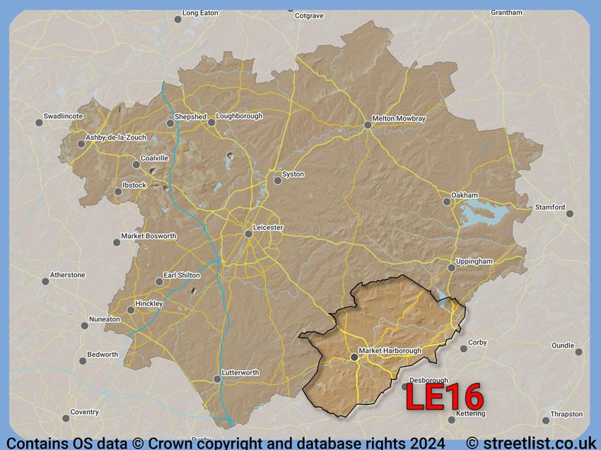 Where the LE16 postcode district lies within the wider  postcode area