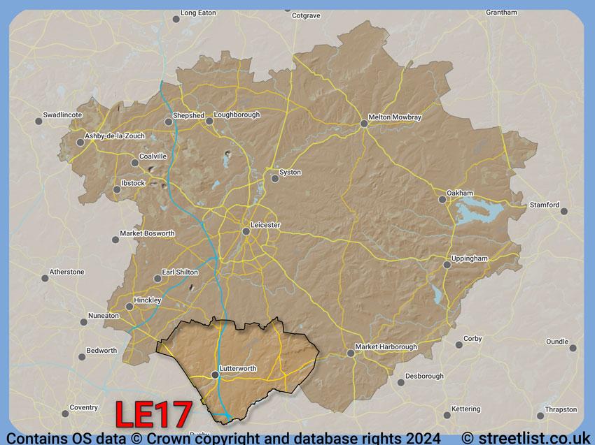 Where the LE17 postcode district lies within the wider  postcode area