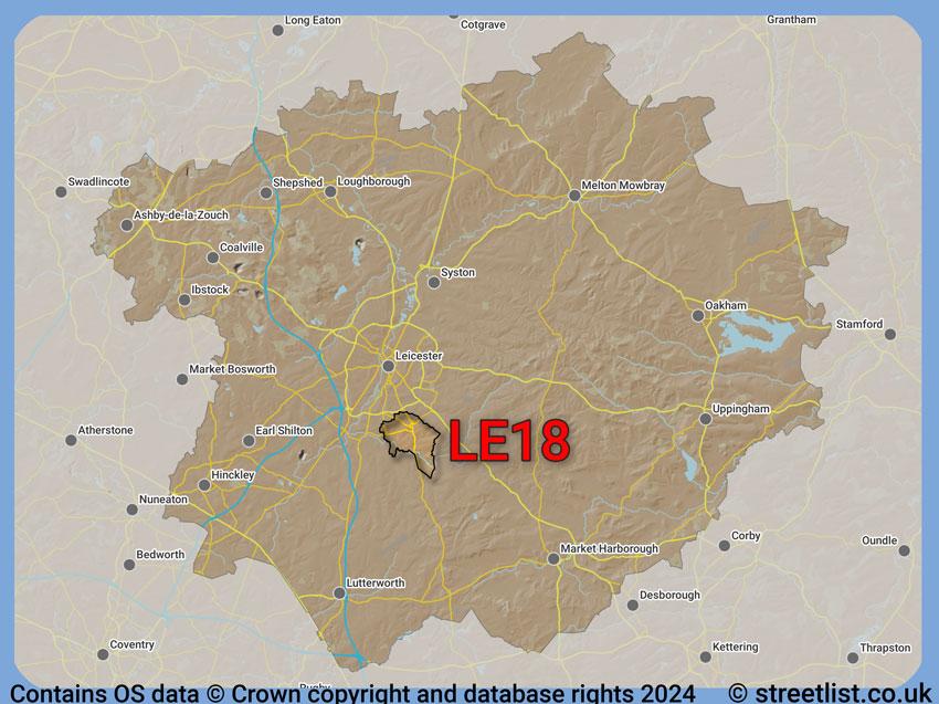 Where the LE18 postcode district lies within the wider  postcode area