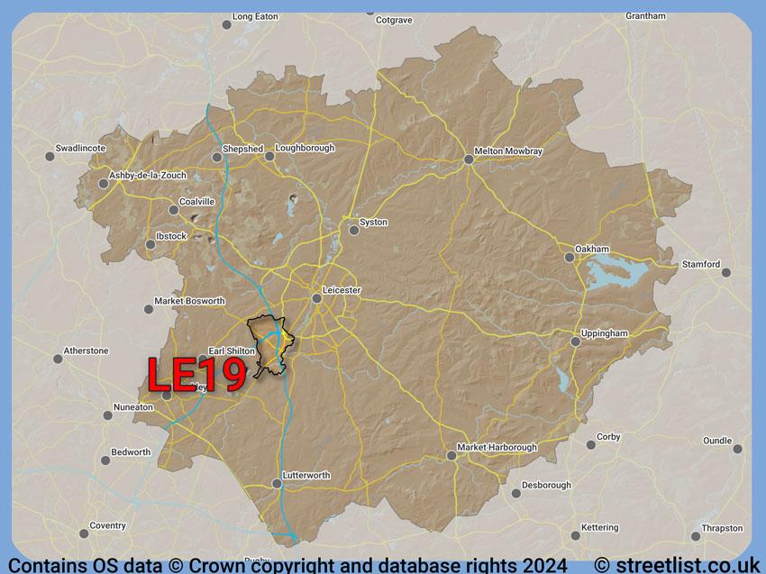 Where the LE19 postcode district lies within the wider  postcode area