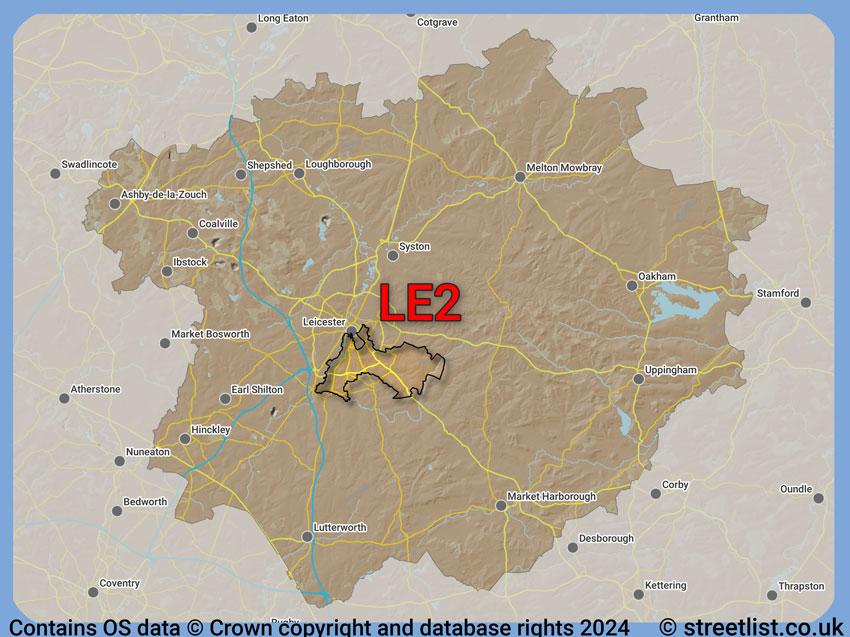 Where the LE2 postcode district lies within the wider  postcode area