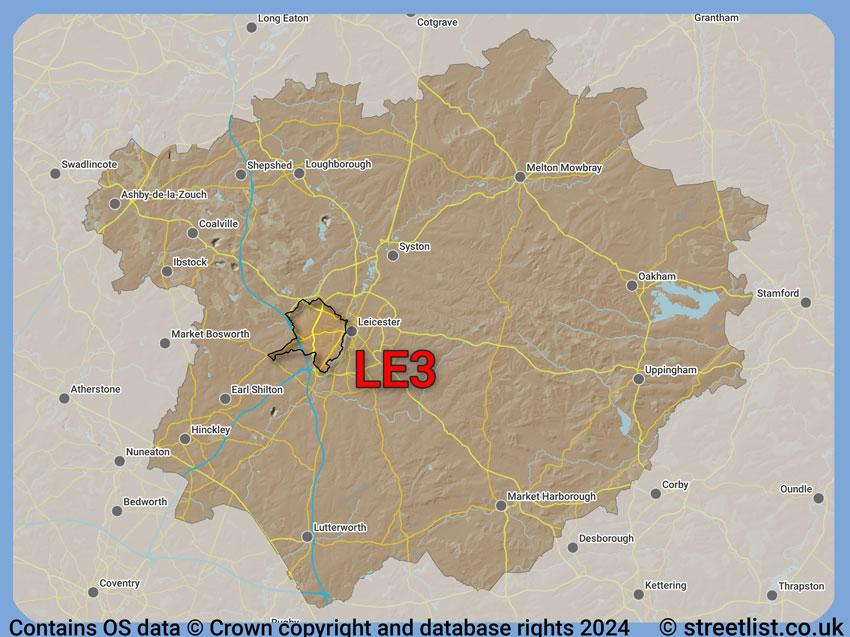 Where the LE3 postcode district lies within the wider  postcode area