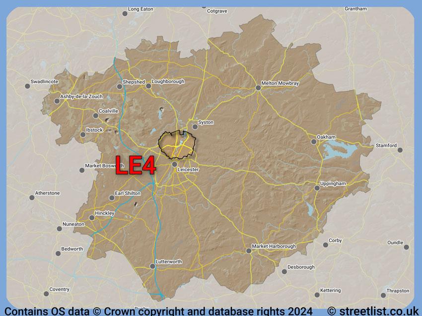 Where the LE4 postcode district lies within the wider  postcode area