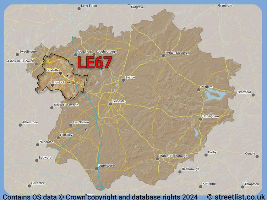 Where the LE67 postcode district lies within the wider  postcode area