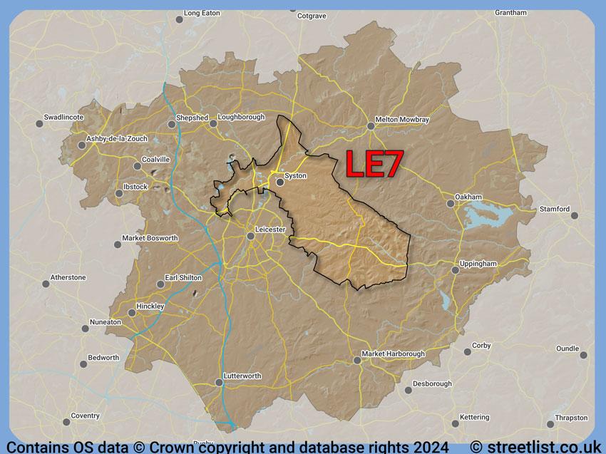 Where the LE7 postcode district lies within the wider  postcode area