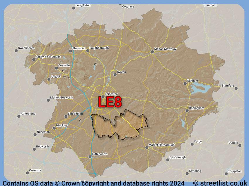 Where the LE8 postcode district lies within the wider  postcode area