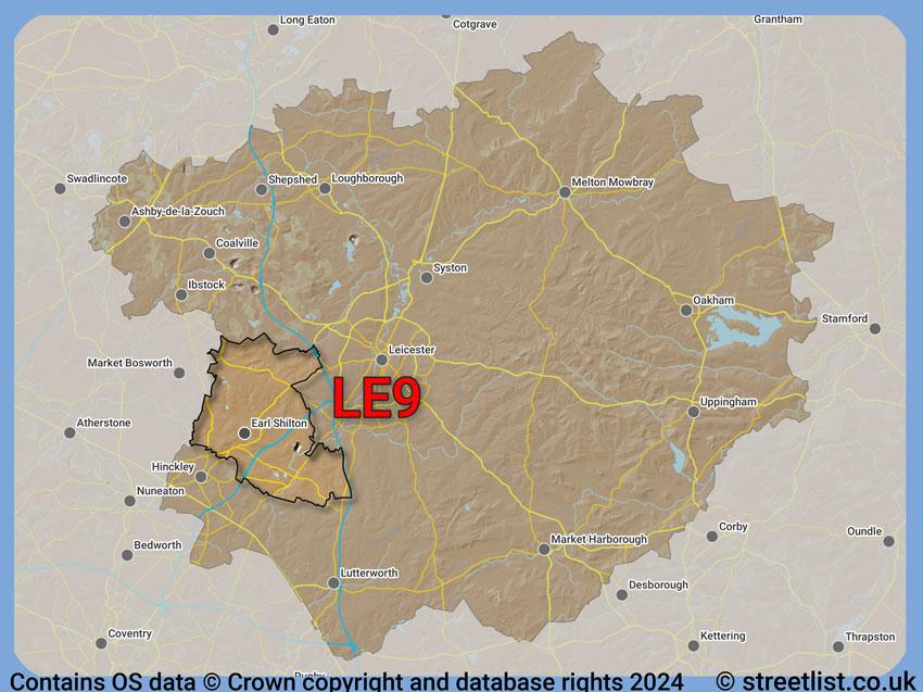 Where the LE9 postcode district lies within the wider  postcode area