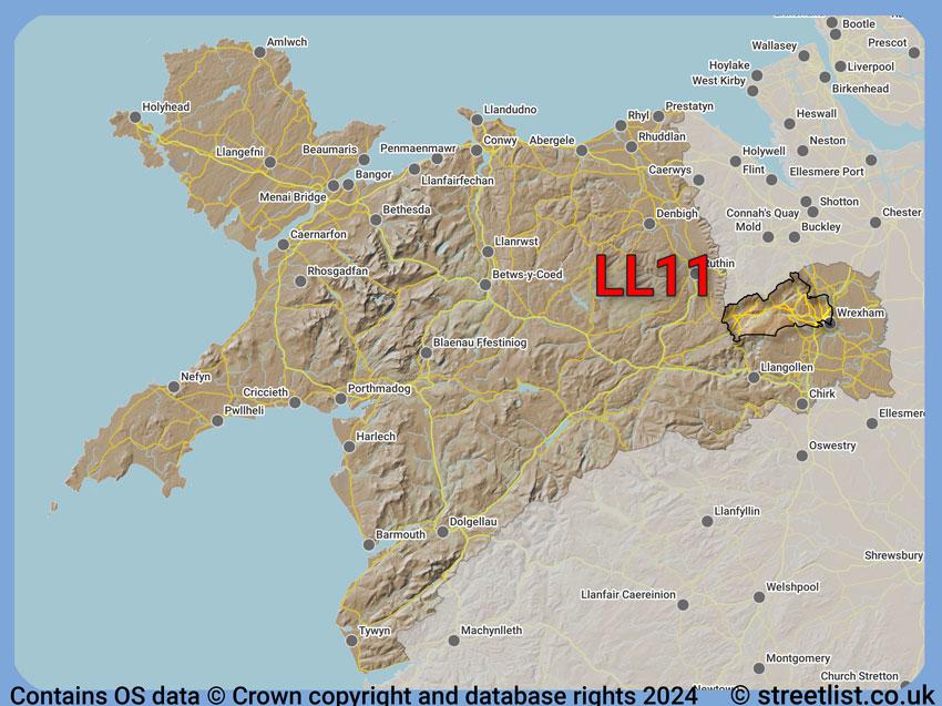 Where the LL11 postcode district lies within the wider  postcode area