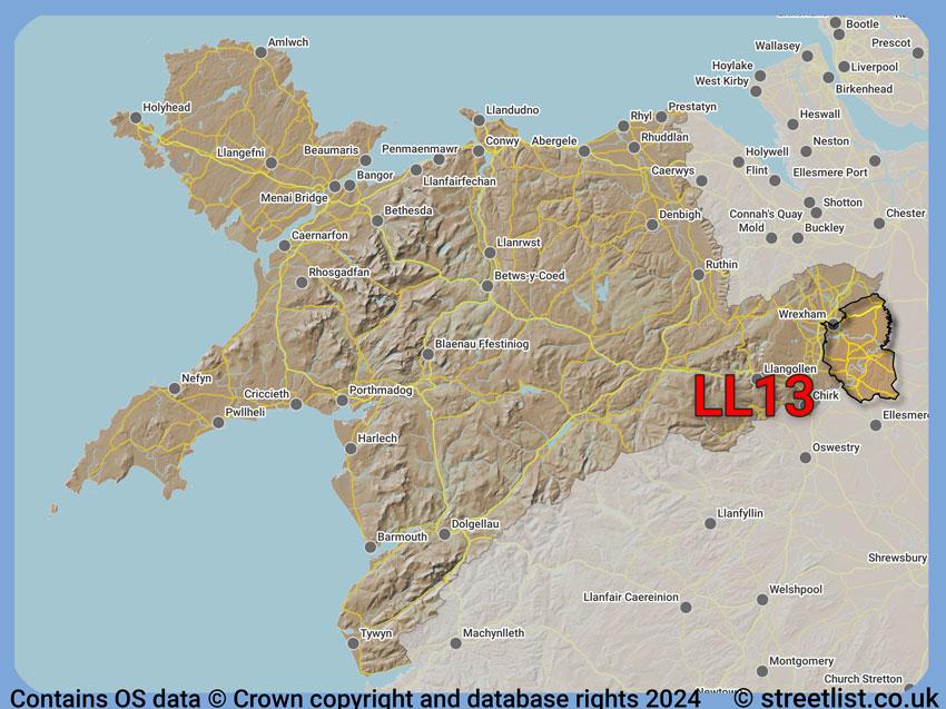 Where the LL13 postcode district lies within the wider  postcode area