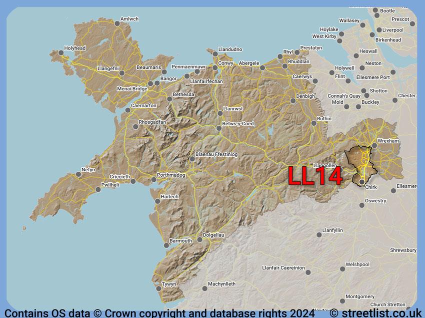 Where the LL14 postcode district lies within the wider  postcode area