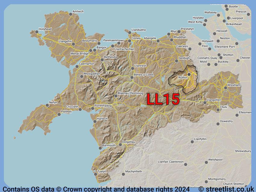 Where the LL15 postcode district lies within the wider  postcode area