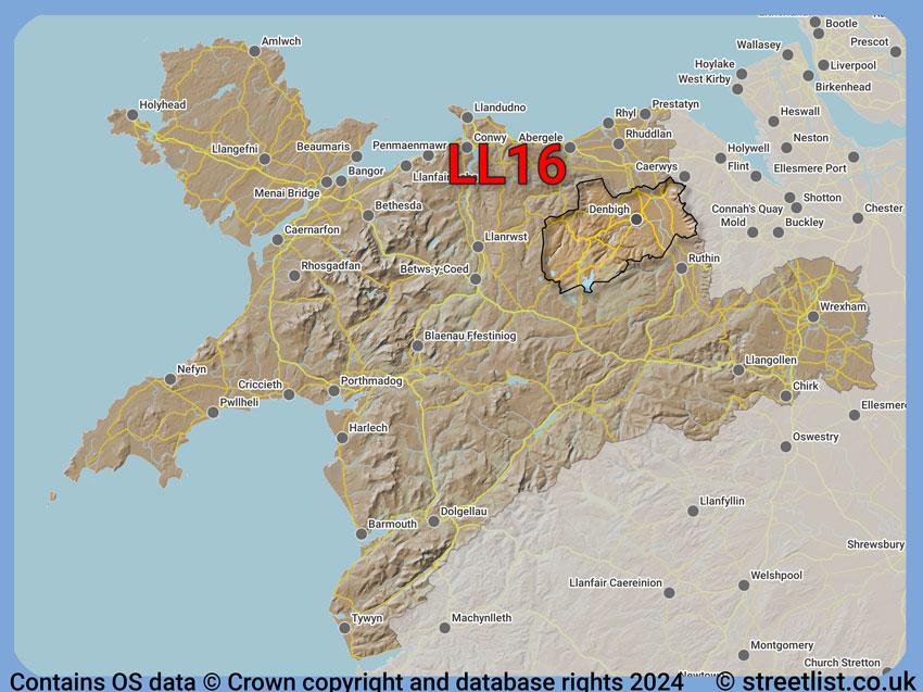 Where the LL16 postcode district lies within the wider  postcode area