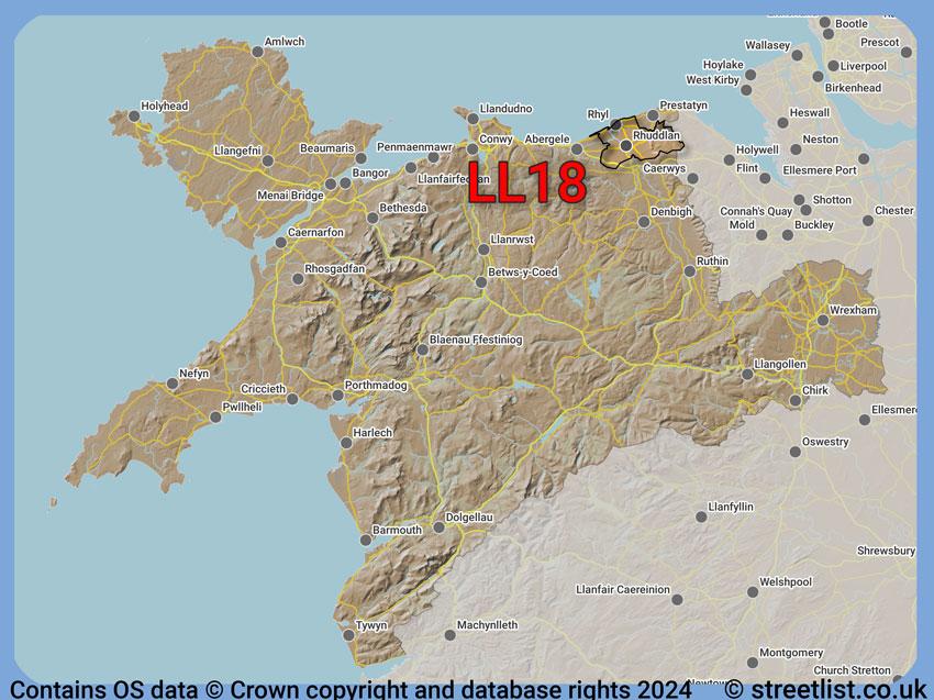 Where the LL18 postcode district lies within the wider  postcode area