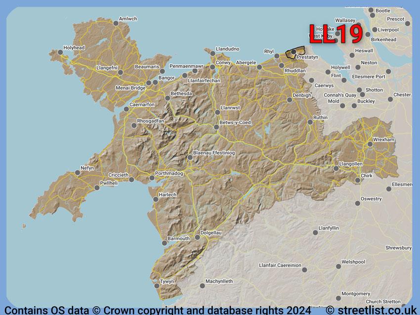 Where the LL19 postcode district lies within the wider  postcode area