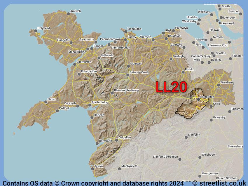 Where the LL20 postcode district lies within the wider  postcode area