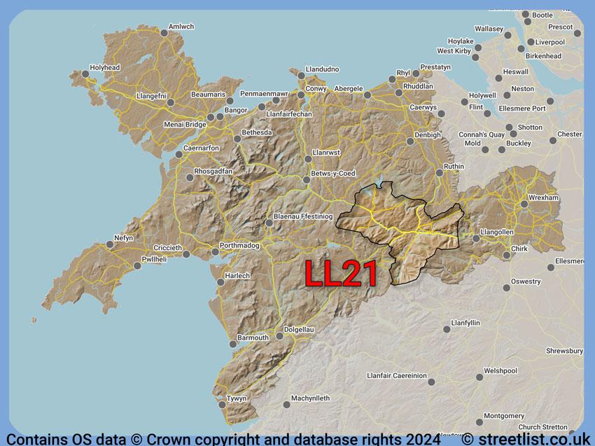 Where the LL21 postcode district lies within the wider  postcode area