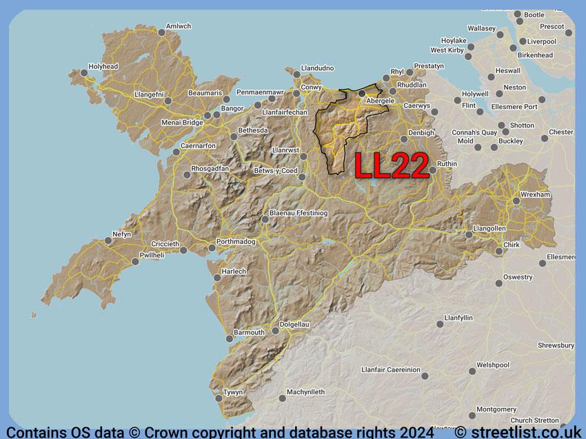 Where the LL22 postcode district lies within the wider  postcode area