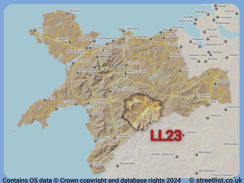 Where the LL23 postcode district lies within the wider  postcode area