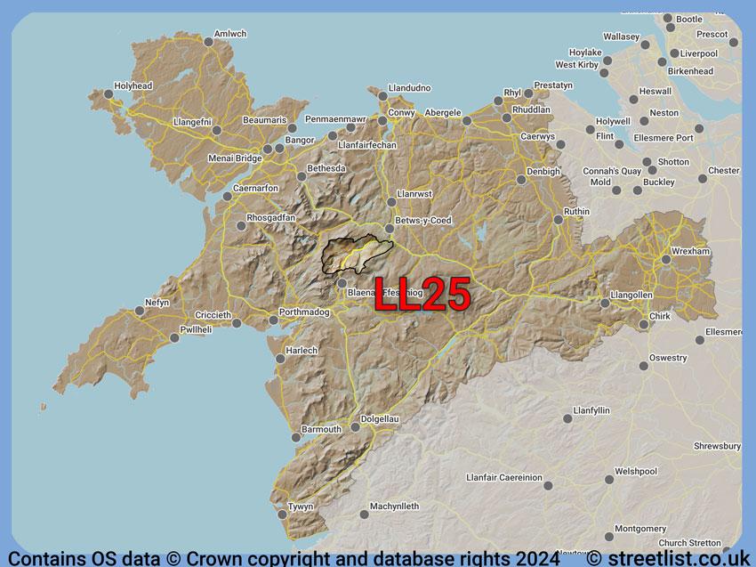 Where the LL25 postcode district lies within the wider  postcode area