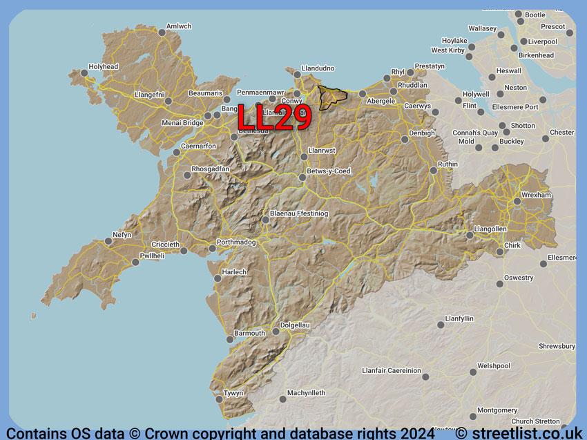 Where the LL29 postcode district lies within the wider  postcode area