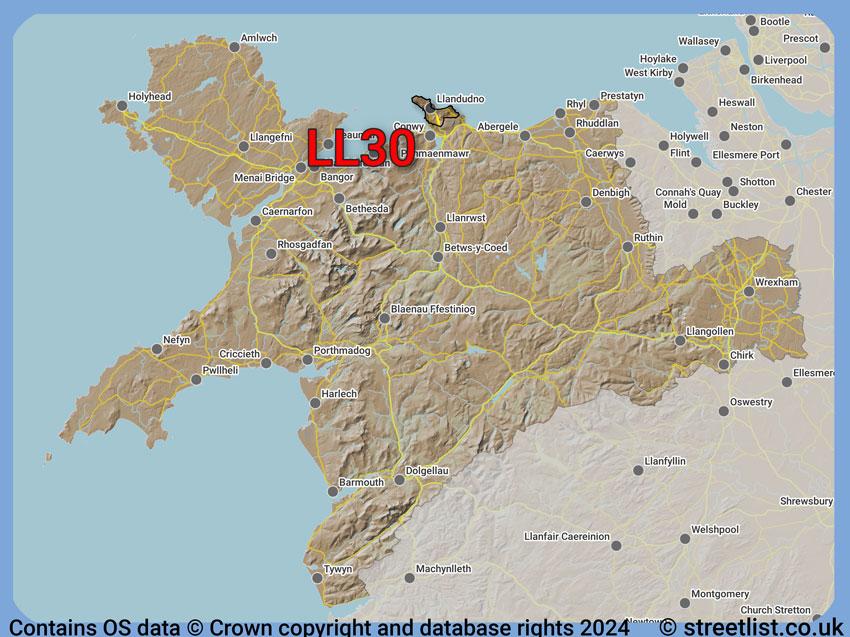 Where the LL30 postcode district lies within the wider  postcode area